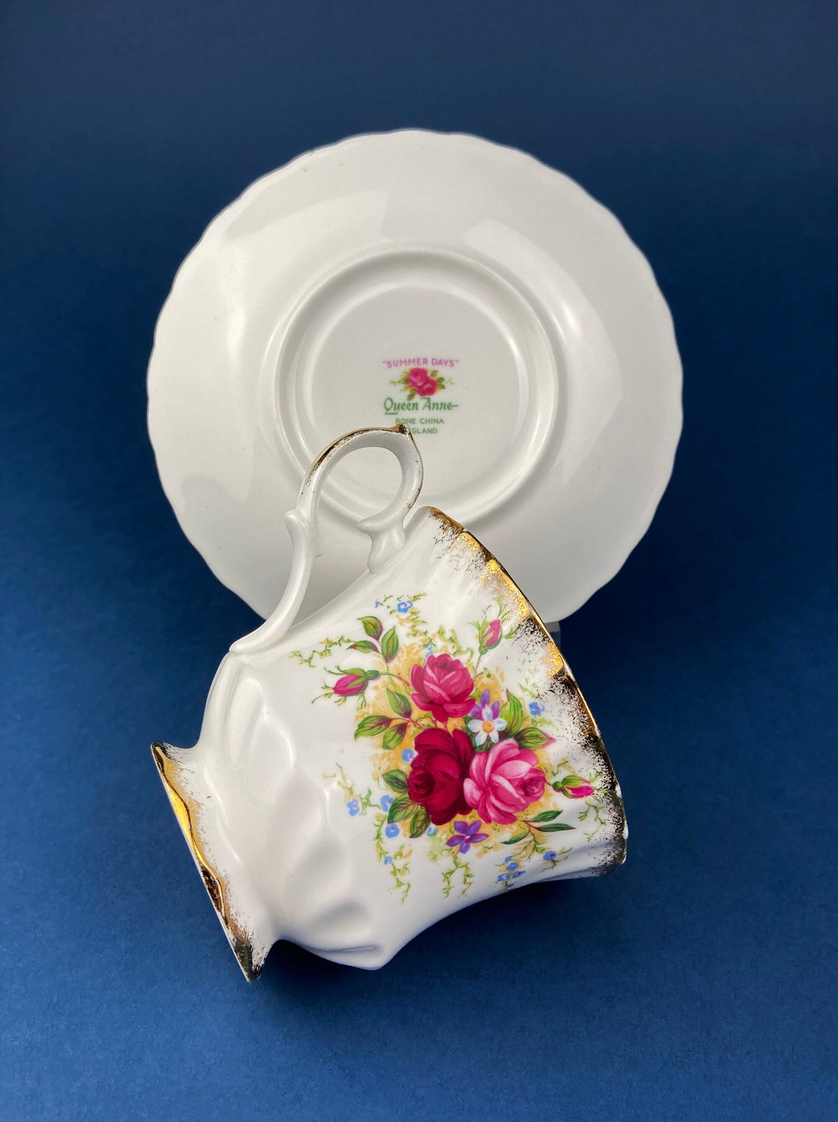 Vintage Queen Anne Bone China Porcelain Tea Cup and Saucer. Summer Days Design. Tea Party Hosting Essentials. Collectible Set.