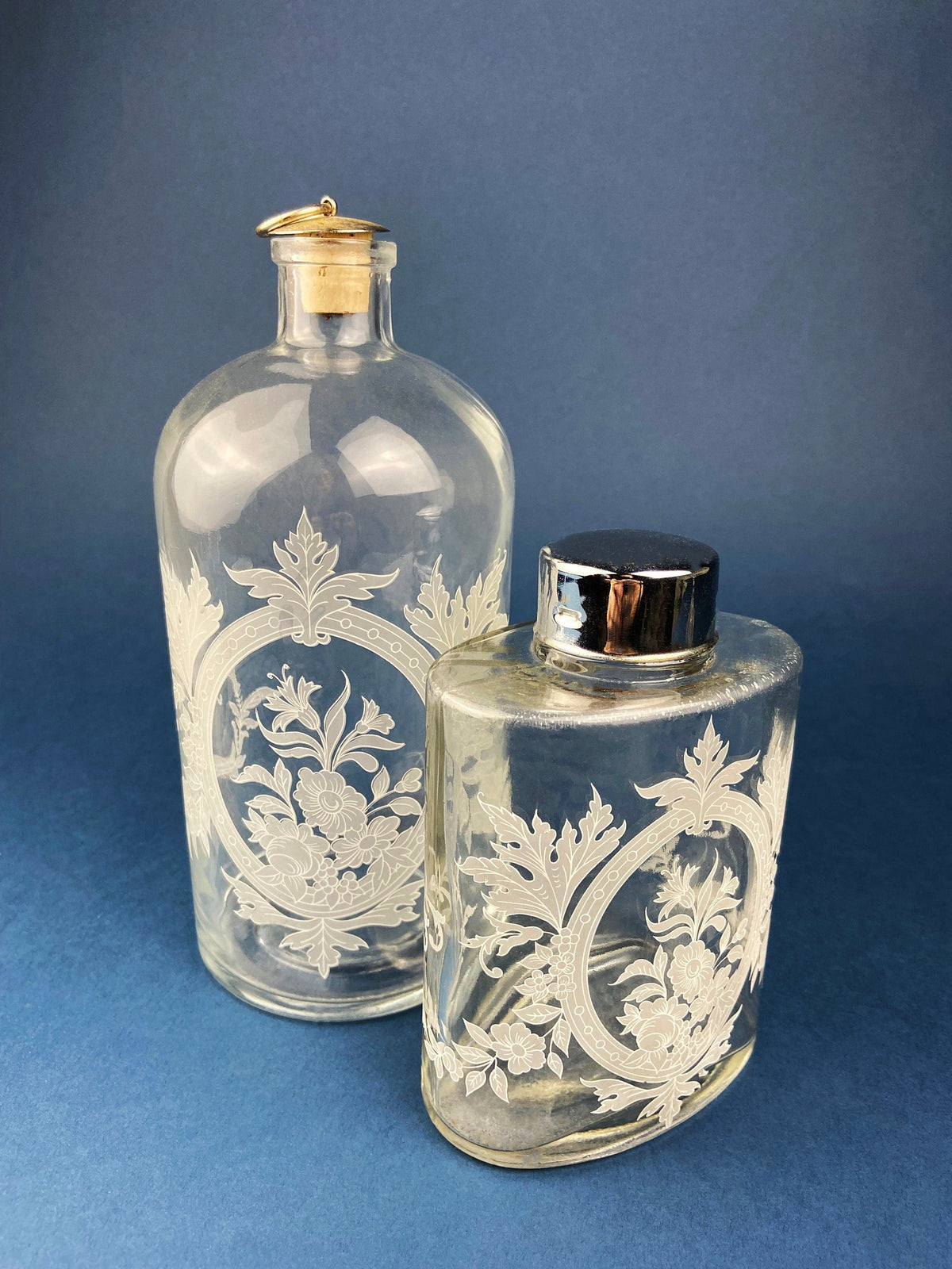 Vintage, Extra Large Apothecary Bottles. Italian, Boric Acid & Sodium Bicarbonate Jars with Brass Caps. Set of Two Apothecary Jars.