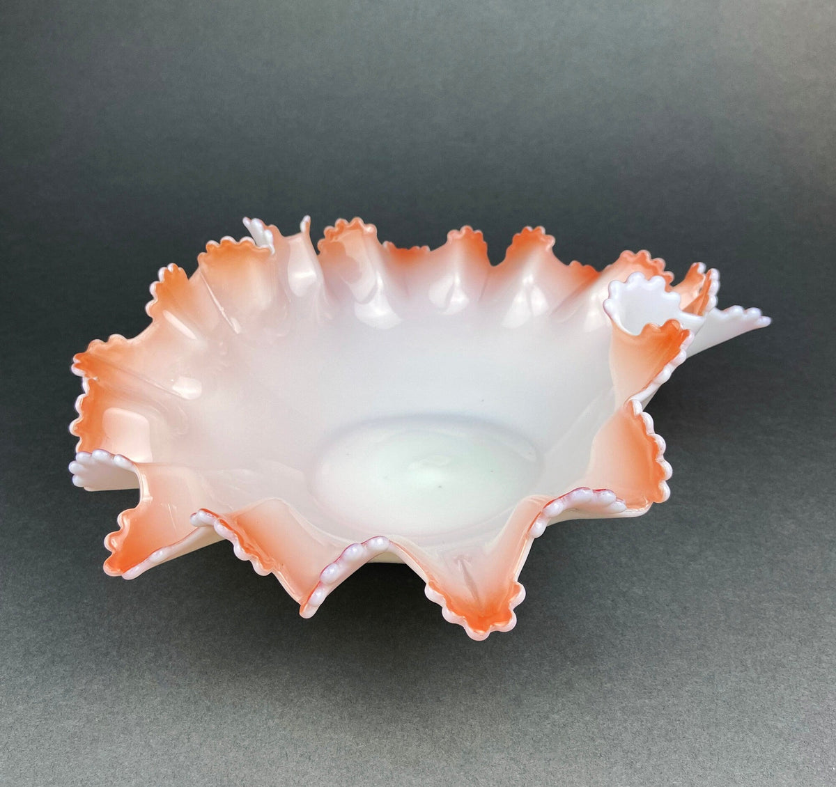 Vintage Opalescent Glass Bowl, Peach Ruffled Edge Collectible