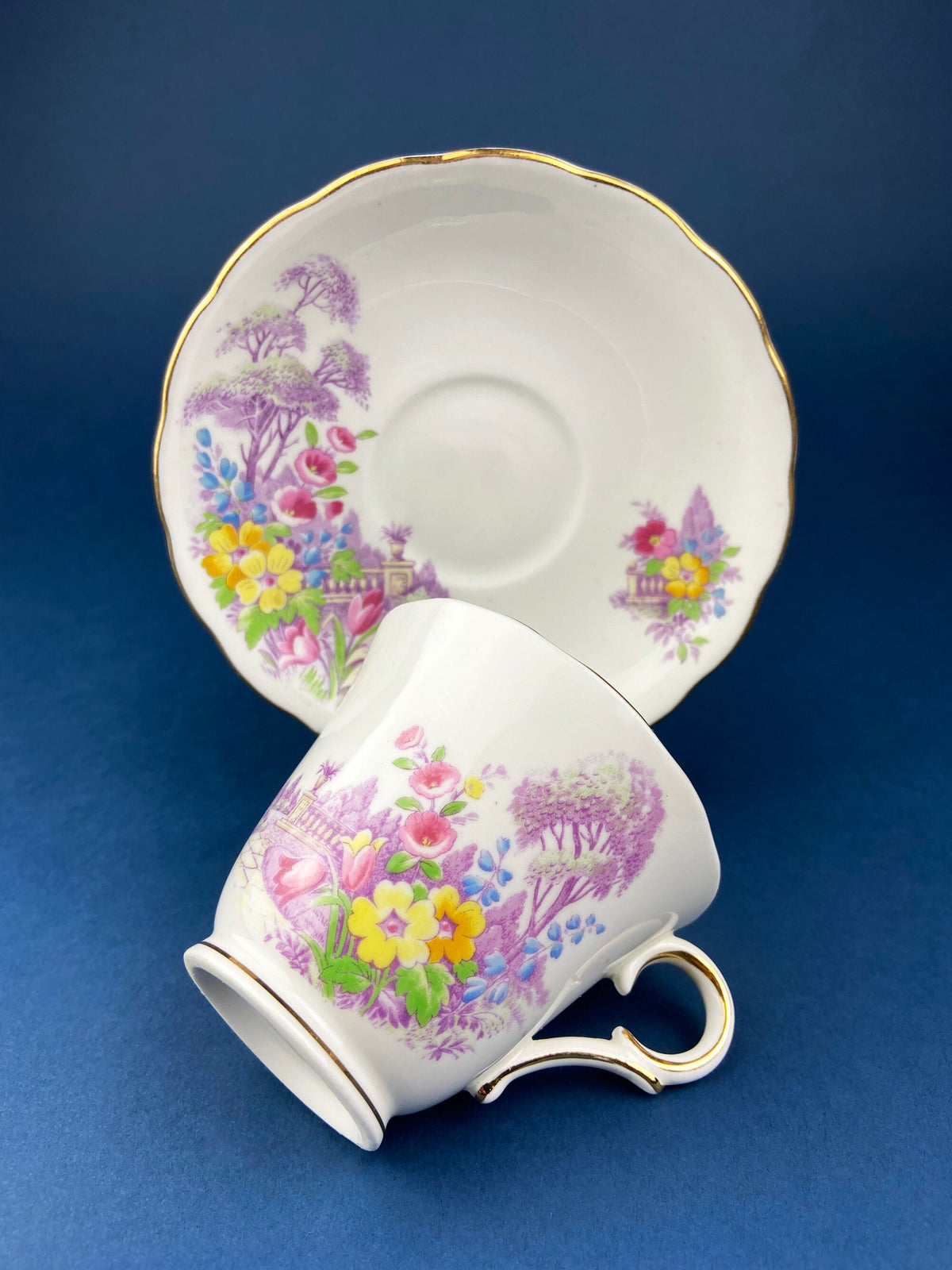 Vintage Colclough Fine Bone China Tea Cup and Saucer, Hand Painted Pastoral Scene