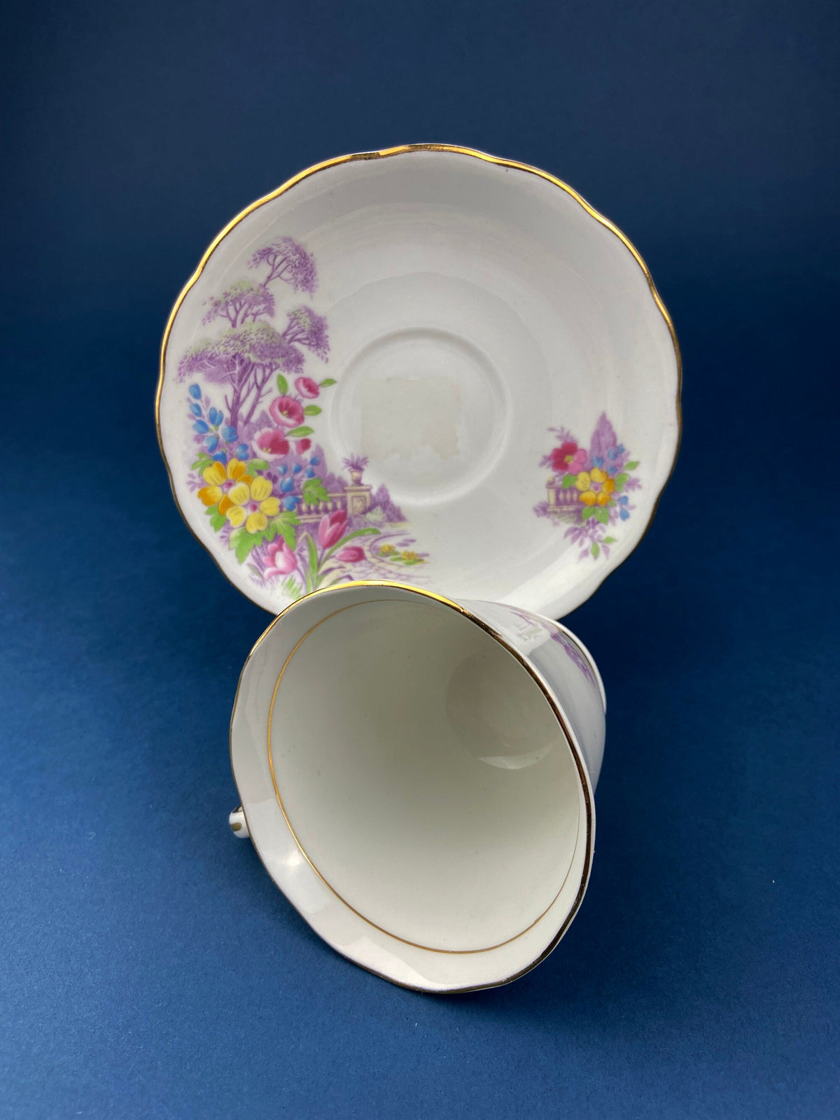 Vintage Colclough Fine Bone China Tea Cup and Saucer, Hand Painted Pastoral Scene
