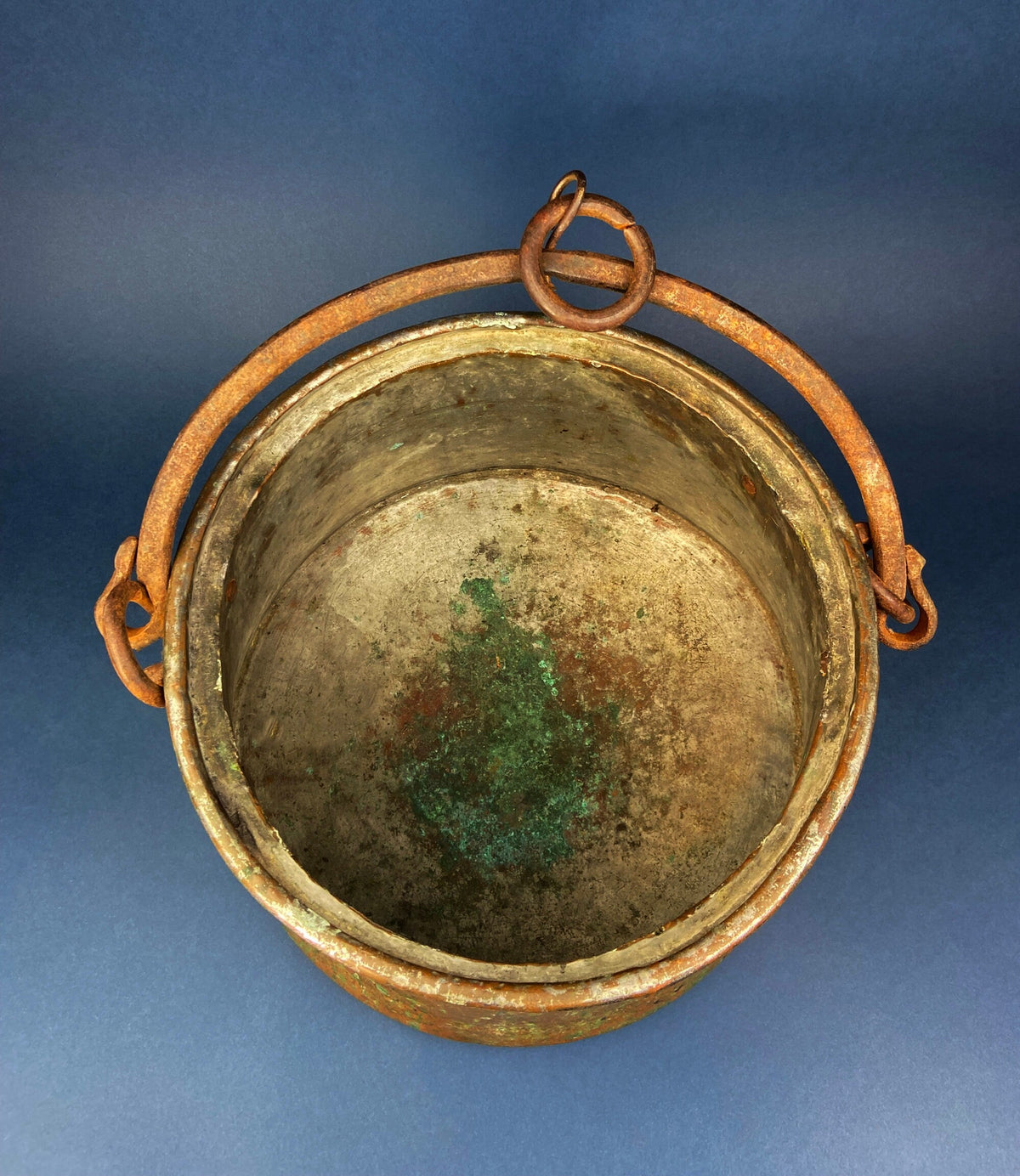 Antique Copper Cauldron with Brass Bottom & Ceramic Handles. Hand Hammered Scuttle for Firewood. Rustic Home Decor.