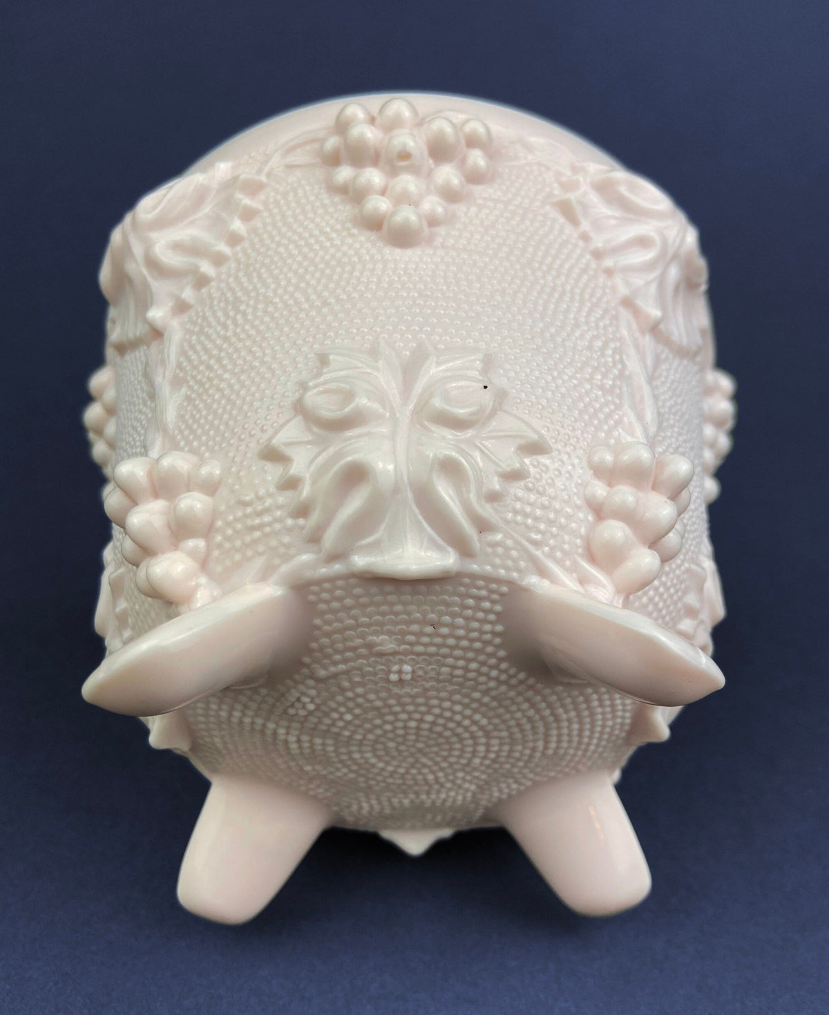 Pink Milk Glass Candy Dish with Lid, Grape Vine Motif