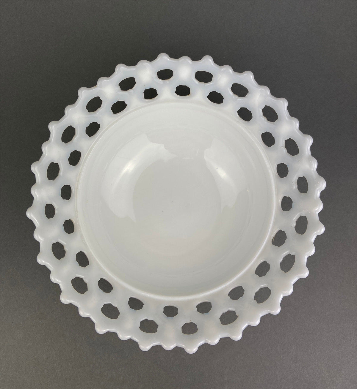 Vintage Milk Glass Footed Candy Bowl, Grape Motif, Ruffled Rim