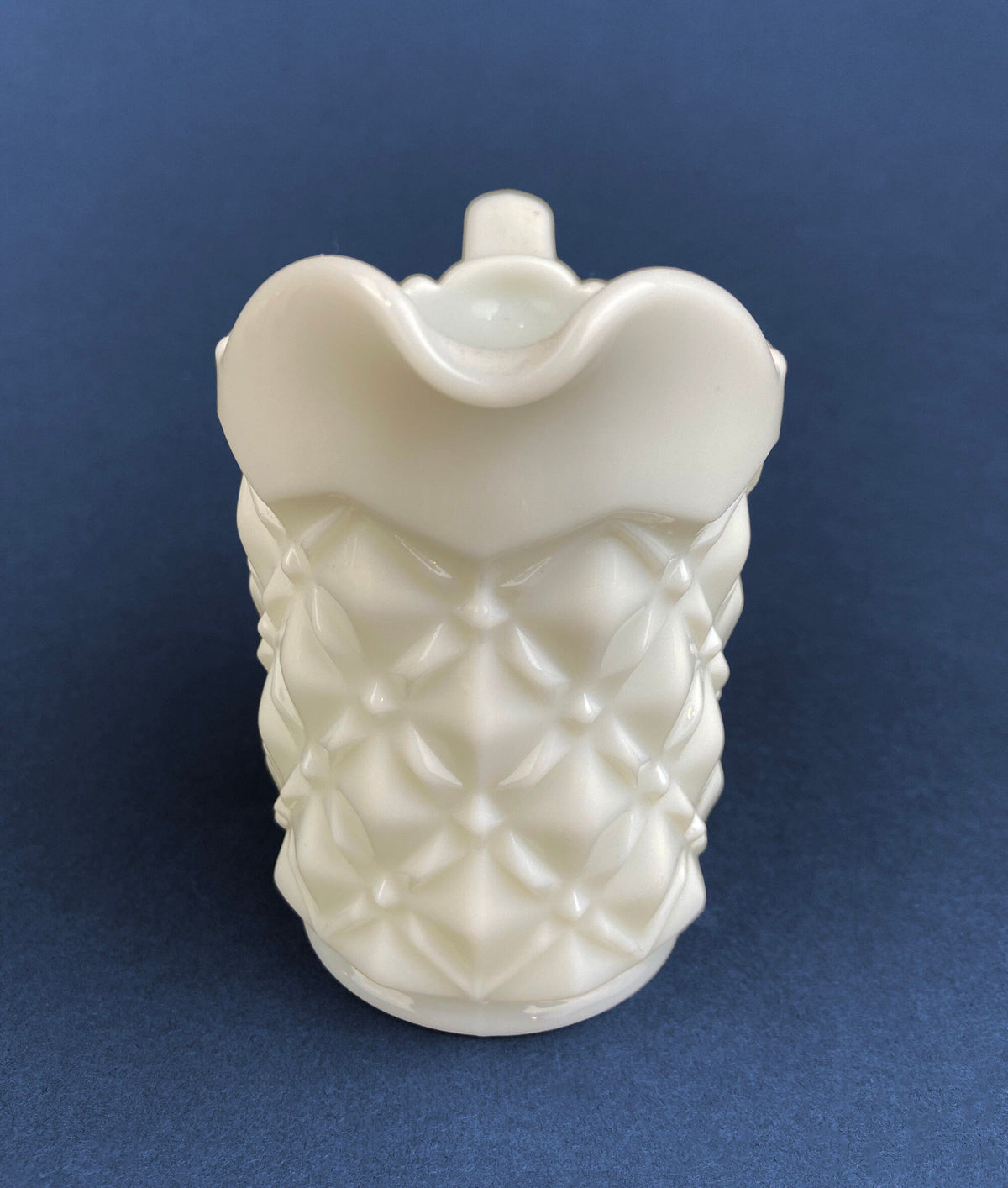 Vintage Milk Glass Creamer, Quilt Pattern Scalloped Edge