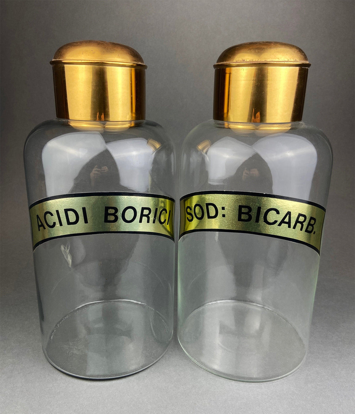 Vintage, Extra Large Apothecary Bottles. Italian, Boric Acid & Sodium Bicarbonate Jars with Brass Caps. Set of Two Apothecary Jars.