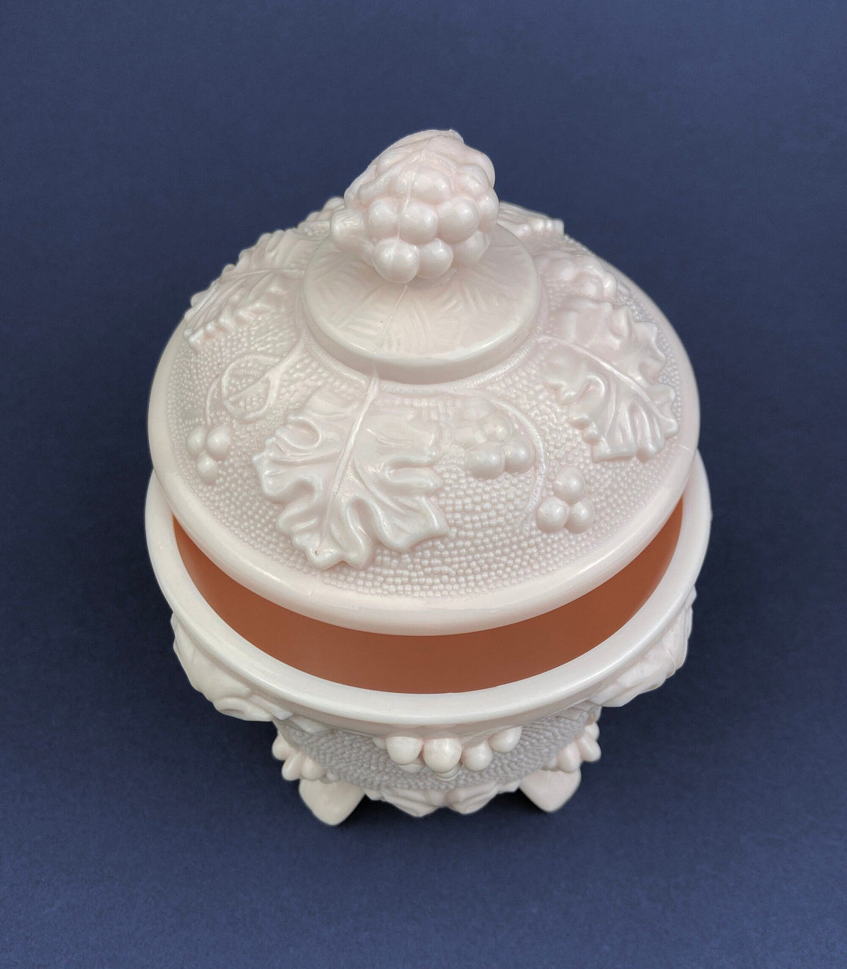 Pink Milk Glass Candy Dish with Lid, Grape Vine Motif