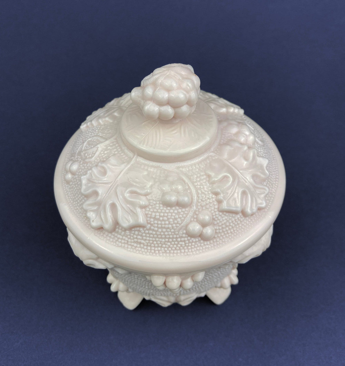 Pink Milk Glass Candy Dish with Lid, Grape Vine Motif