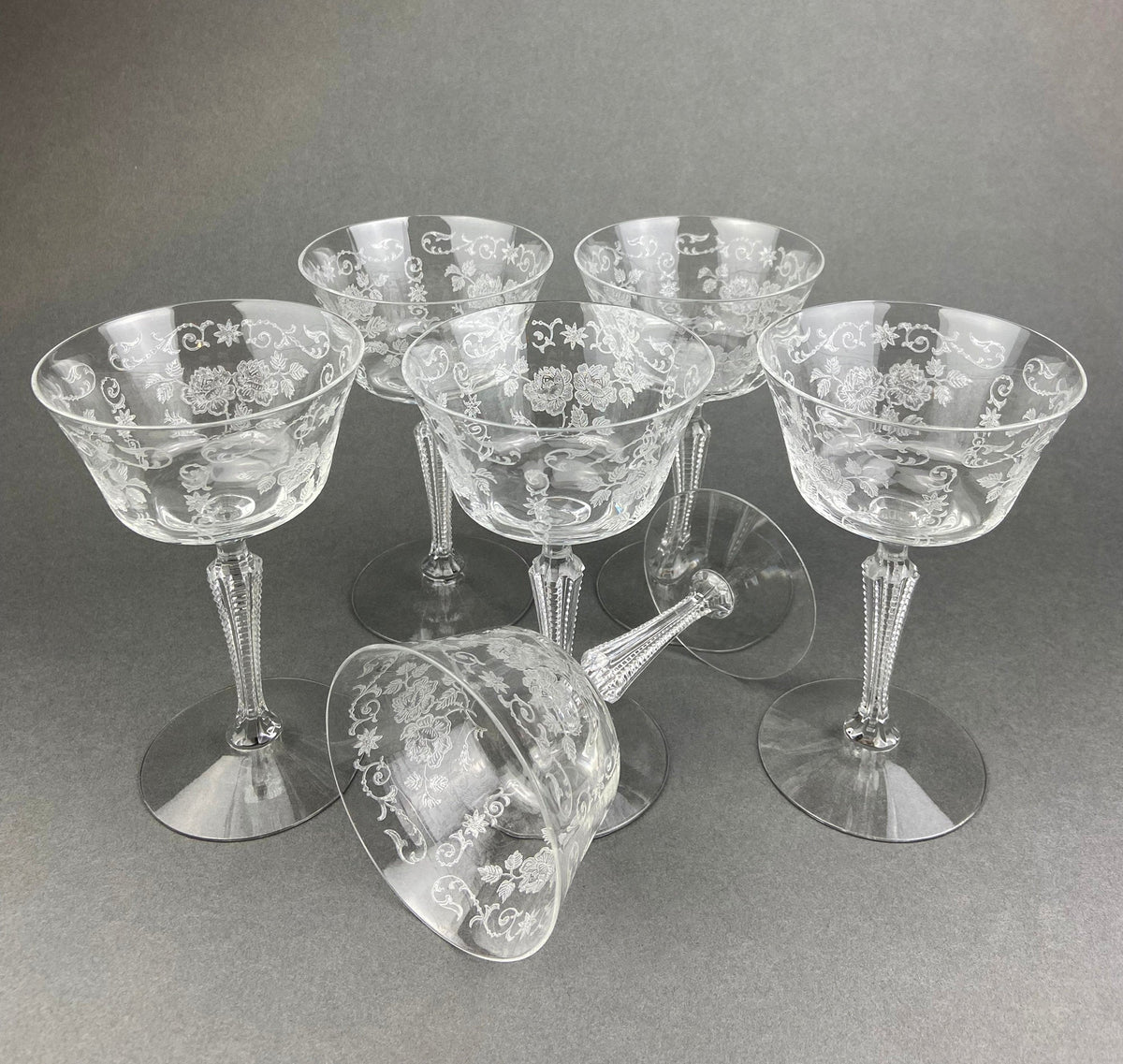 Antique Tiffin Franciscan Juice Glasses, Etched Cherokee Rose Pattern, Set of 5