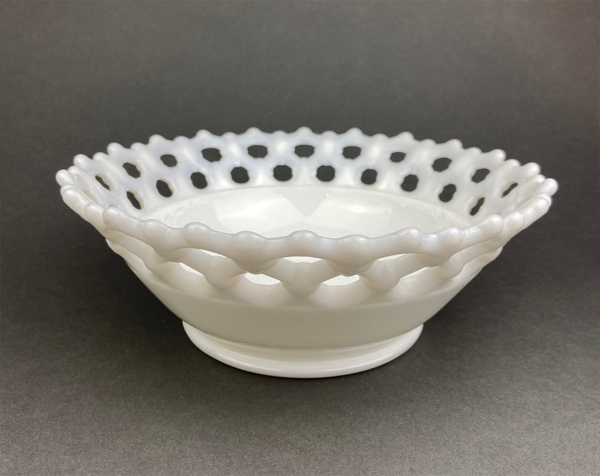 Vintage Milk Glass Bowl, Reticulated Lace Rim, White Table Centerpiece