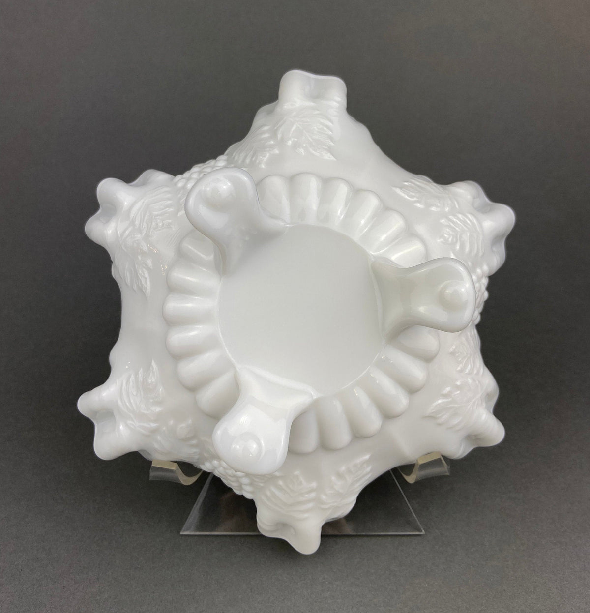 Vintage Milk Glass Footed Candy Bowl, Grape Motif, Ruffled Rim