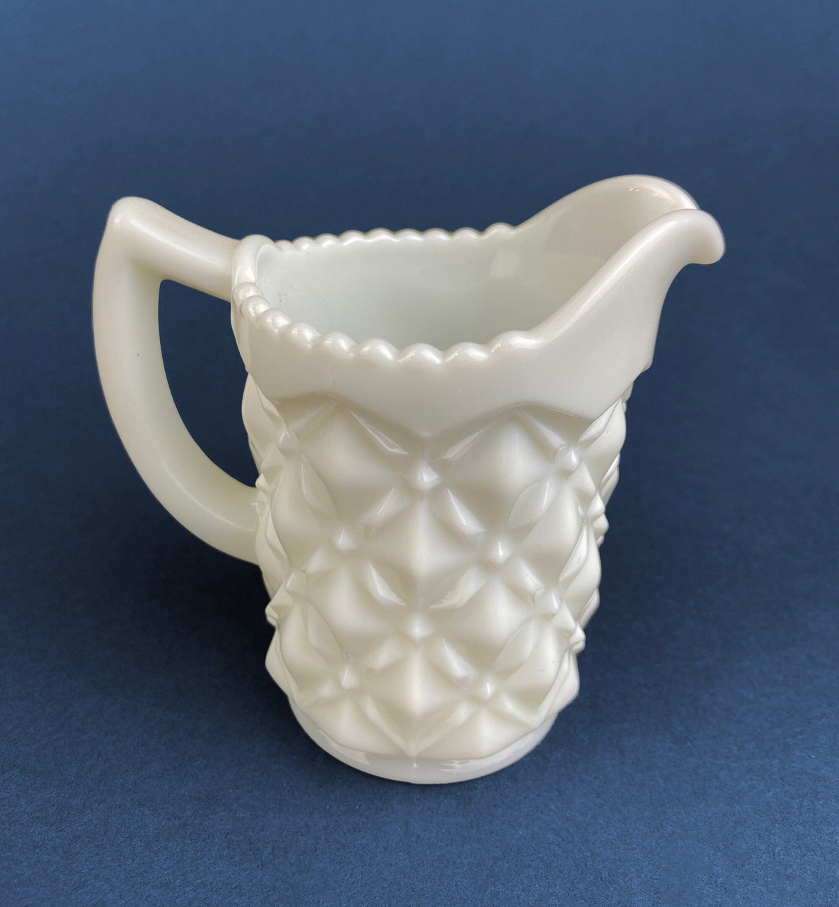 Vintage Milk Glass Creamer, Quilt Pattern Scalloped Edge
