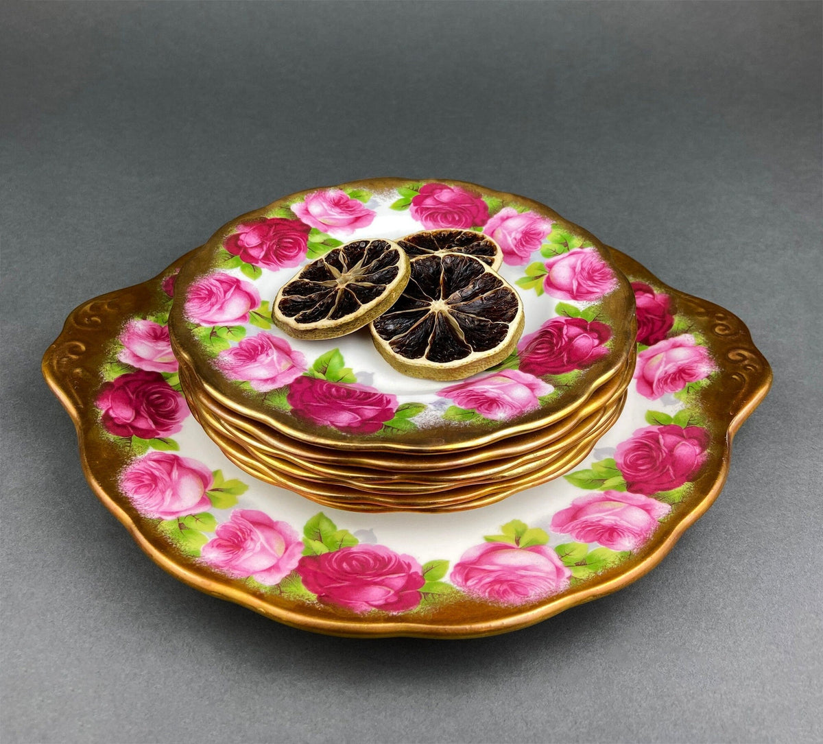 Royal Albert Set of Six Dessert Plates and One Serving Plate  with Old English Rose Pattern.  Made in England.