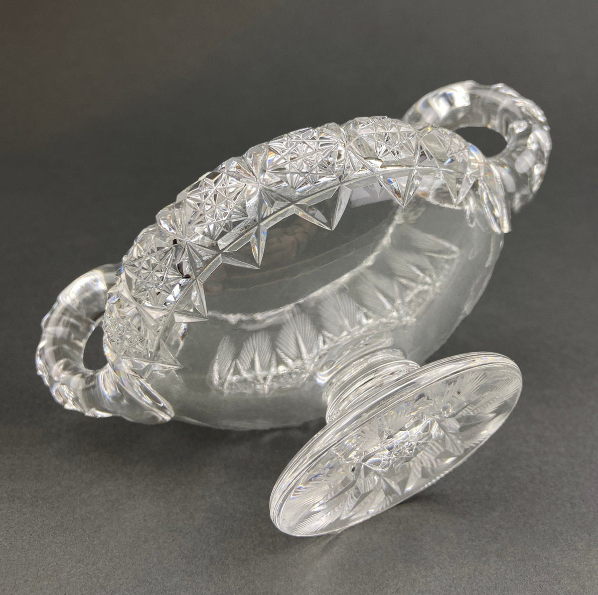 Cut Crystal Creamer and Sugar Bowls: Feather Cut Pattern, Set of Two