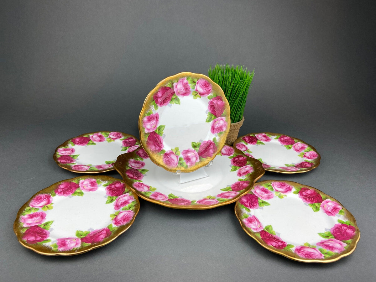 Royal Albert Set of Six Dessert Plates and One Serving Plate  with Old English Rose Pattern.  Made in England.