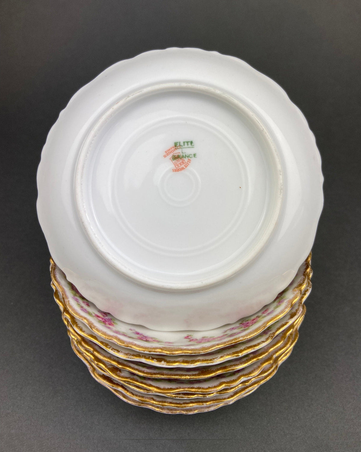 Berry Bowls by Limoges Elite. Set of Eight Berry Bowls. 5 inch Serving Bowls with Pink Roses & Scalloped Rim.