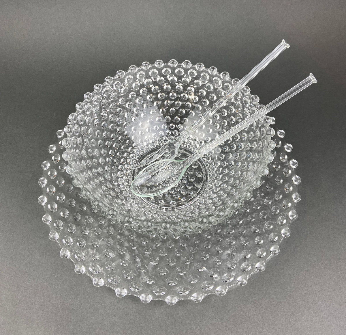 Vintage Moonstone Serving Set. Hobnail Large Bowl and Matching Plate. Salad or Fruit Bowl. Serving Platter. Modern Table Centerpiece.