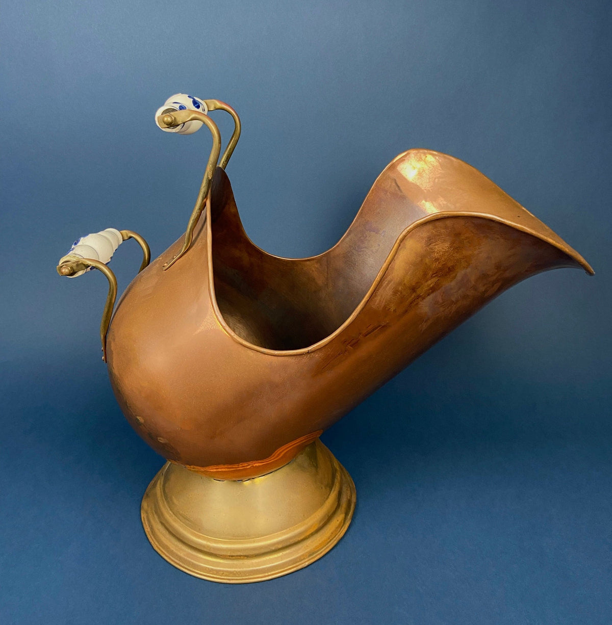 Antique Copper Cauldron with Brass Bottom & Ceramic Handles. Hand Hammered Scuttle for Firewood. Rustic Home Decor.