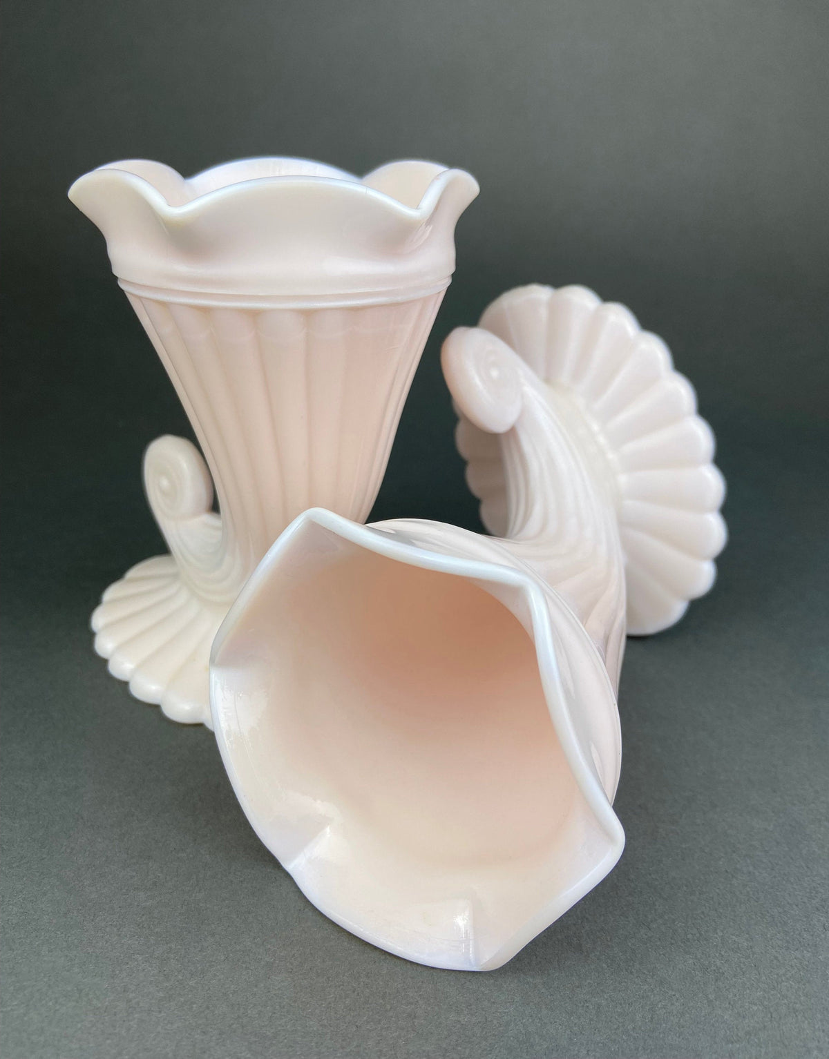 Milk Glass Horn Vases. Hobnail, Cornucopia Shaped Vase. Table Centerpiece. Collectible Trumpet Floral Vase.