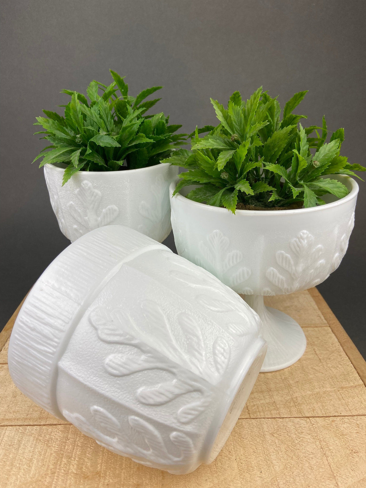 Milk Glass Oak Leaf Motif Planters. Set of Three Differently Shaped Vases. White Herb Pots. Window Sill.