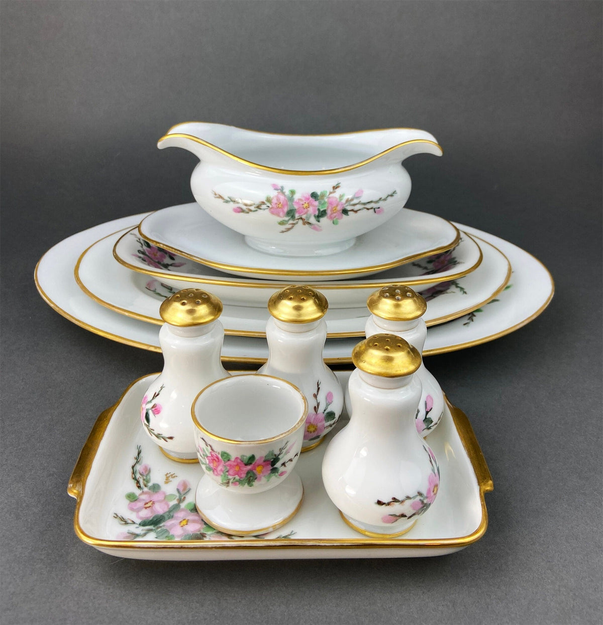 Eschenbach Baronet China Serving Set. Sauce Boat, Three Oval Platters, Egg Cup and Four Shakers with Tray. Germany. Holiday Celebration.