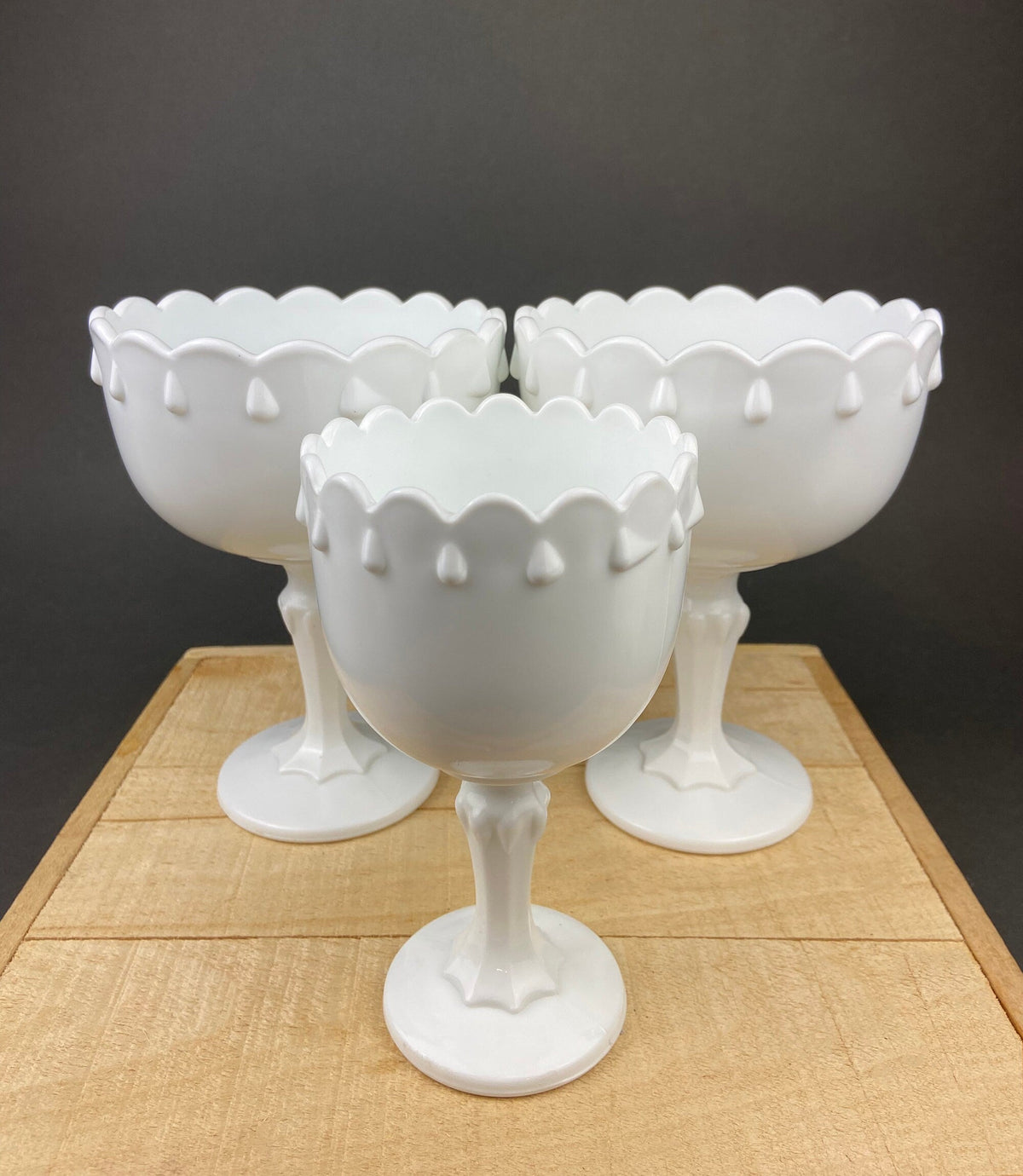 Milk Glass Oak Leaf Motif Planters. Set of Three Differently Shaped Vases. White Herb Pots. Window Sill.