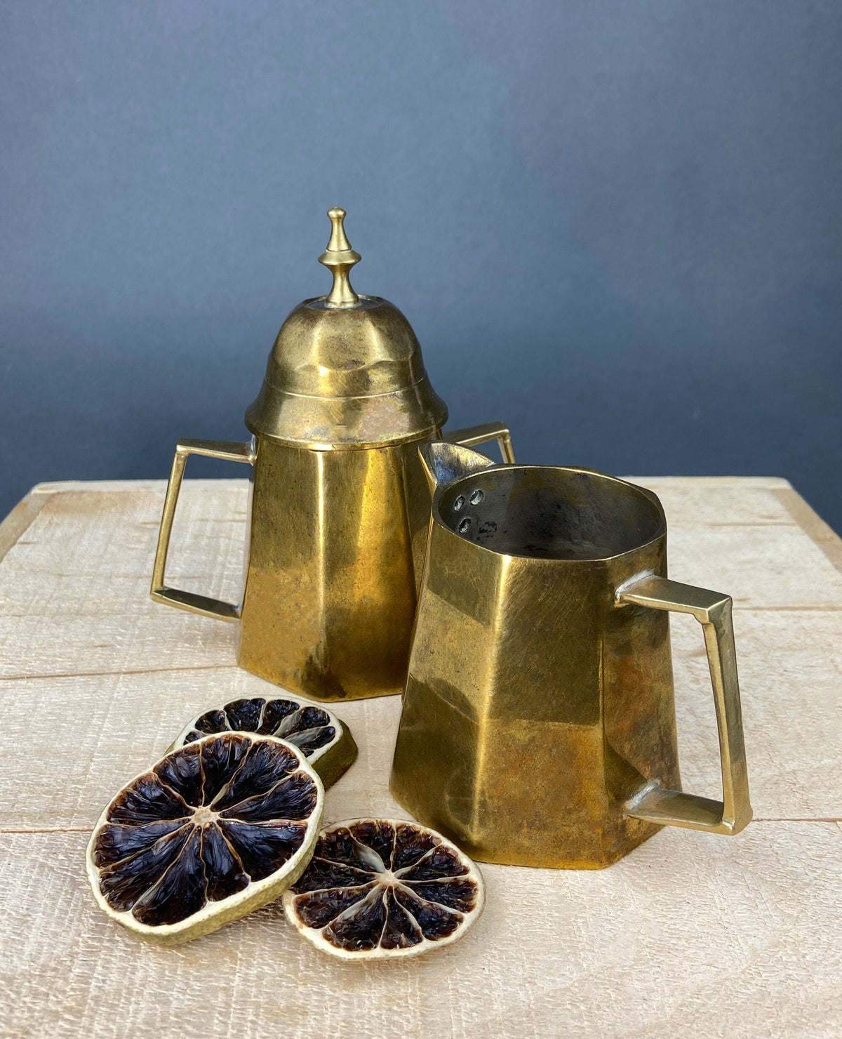 Antique Brass Creamer and Sugar Dish. Heavy Brass Containers with Handles. Kitchen Accessories.