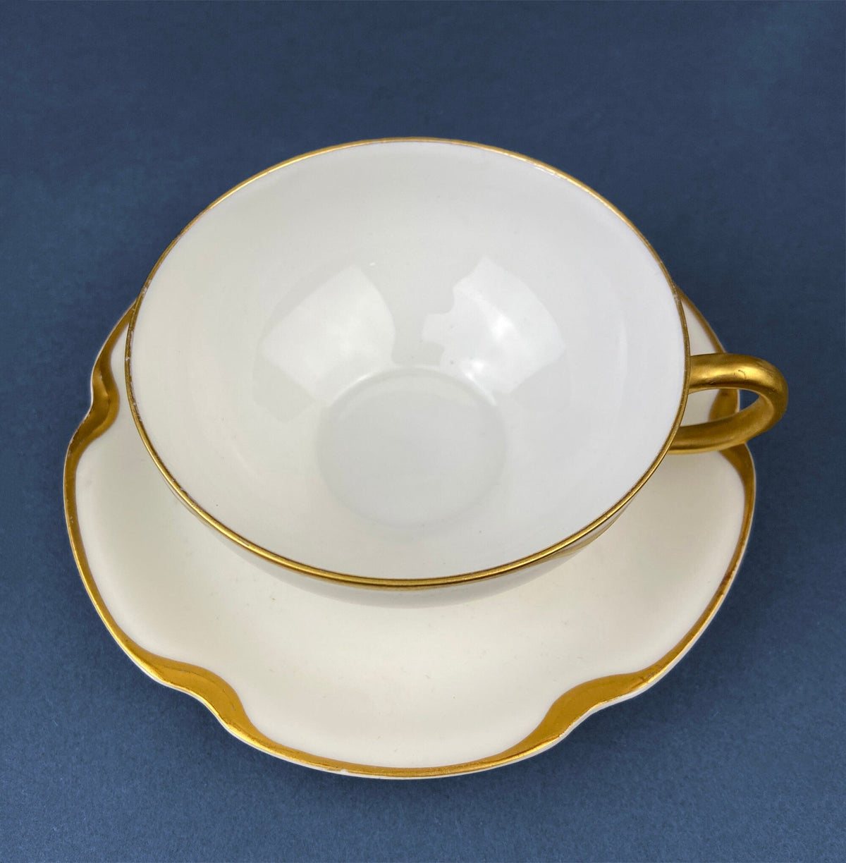 Limoges Haviland Teacup and Saucer, Gold Scalloped Rim, Silver Anniversary Pattern