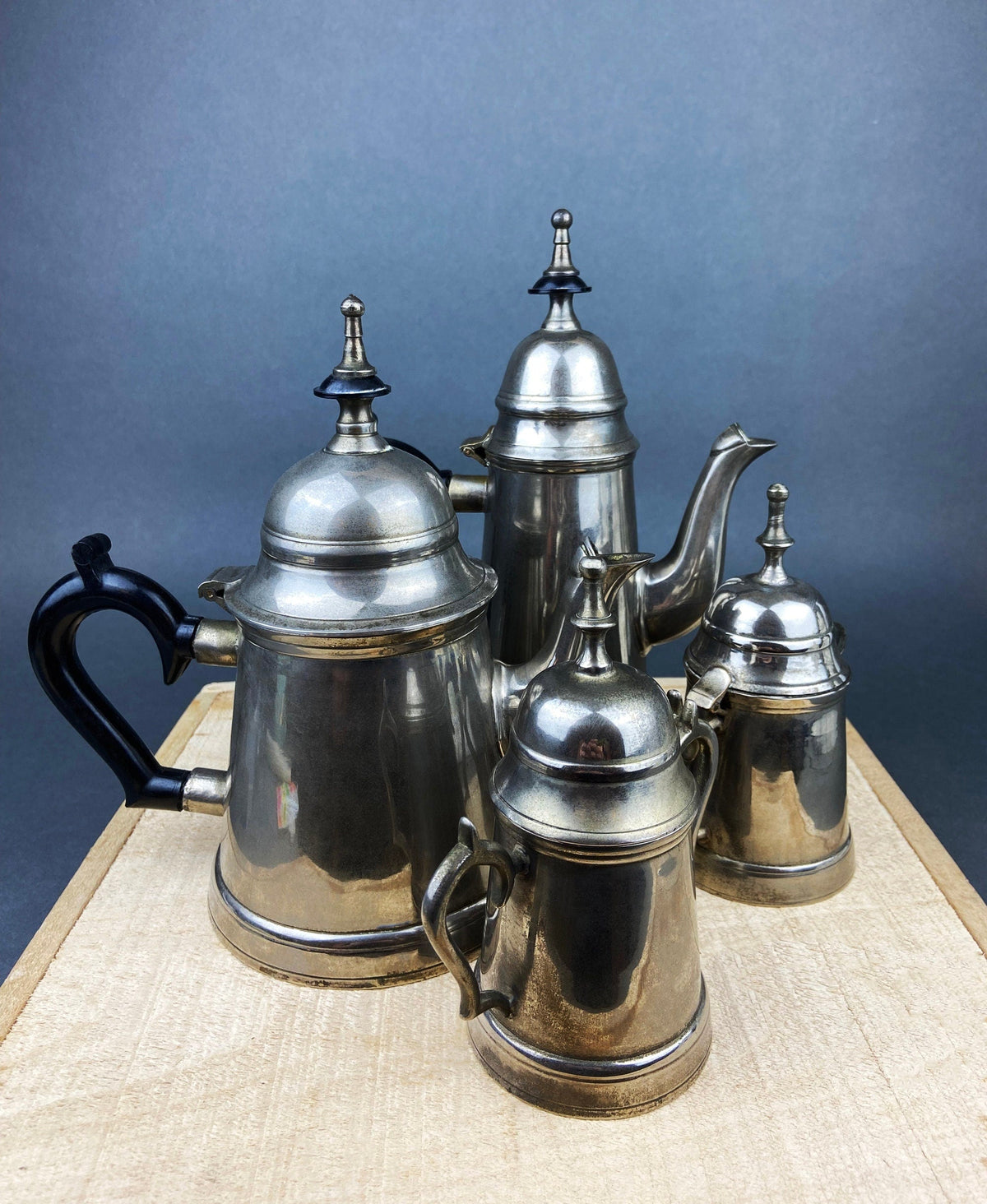 Vintage Metal Coffee Pot, Tea Pot with Creamer & Sugar Bowl with Black Handles. Marked WE B.P.M.S.