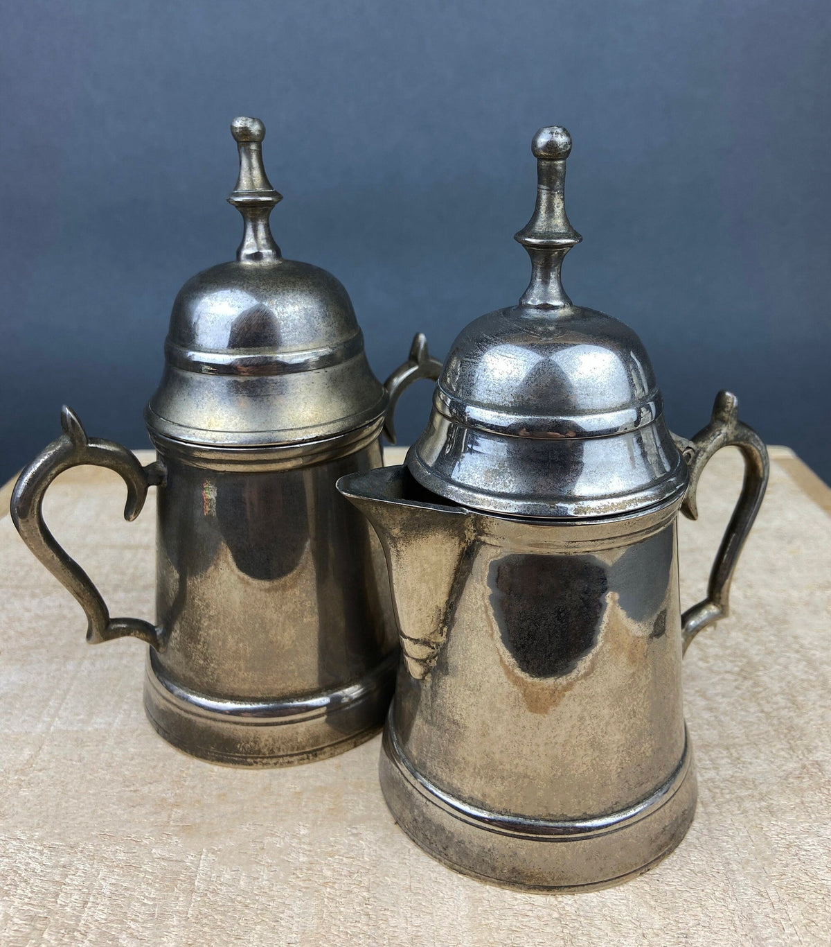 Vintage Metal Coffee Pot, Tea Pot with Creamer & Sugar Bowl with Black Handles. Marked WE B.P.M.S.