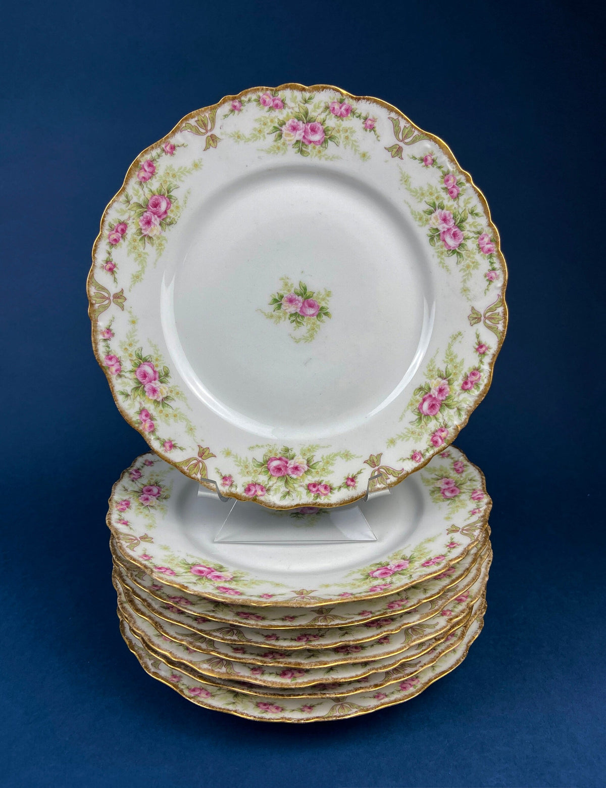 Antique Bavarian Porcelain Teacup, Saucer, and Small Dessert Plate with Delicate Roses. Hand-Painted Trio. Garlands of Roses. J & C Ovid.