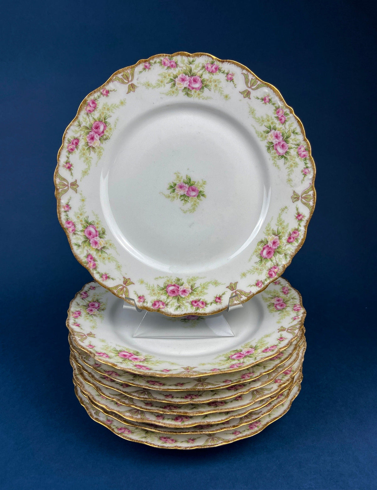 Royal Limoges Dessert Plates (Set of 4): Antique Hand-Painted Rose Garland, Made in France