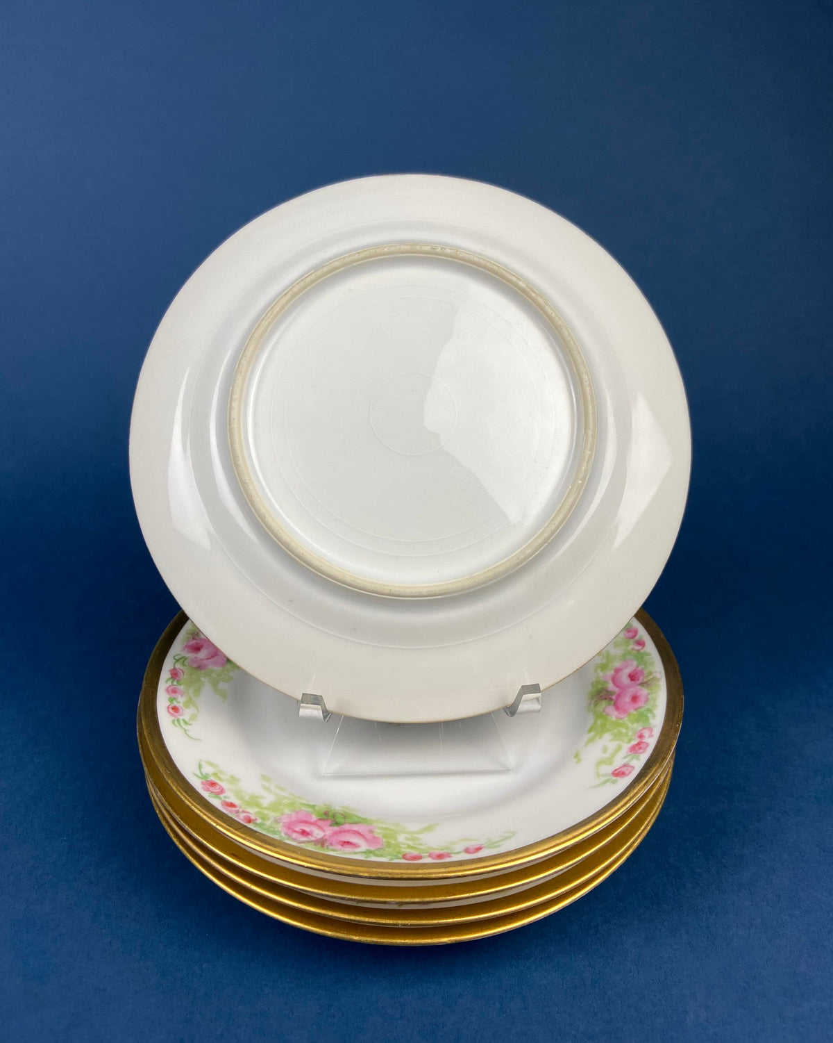Antique Bavarian Porcelain Teacup, Saucer, and Small Dessert Plate with Delicate Roses. Hand-Painted Trio. Garlands of Roses. J & C Ovid.