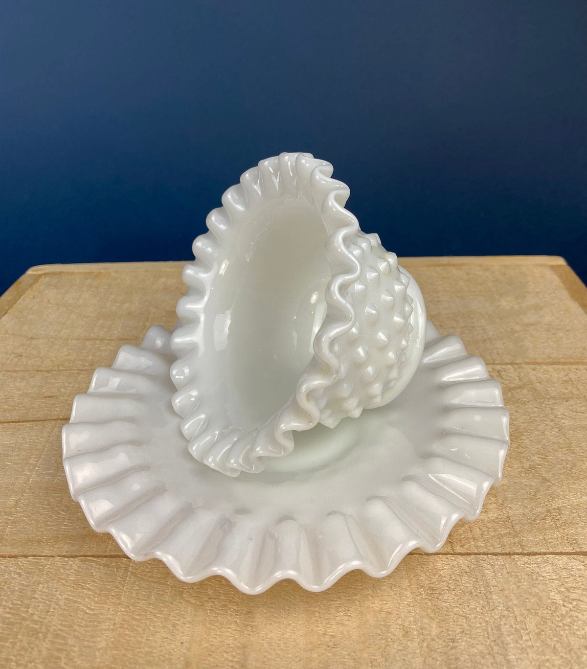 Milk Glass Serving Dish with Plate. Hobnail Serving Bowl for Dip, Dressing, or Sauce. White Scalloped Rim. Fine Dining. Collectible.