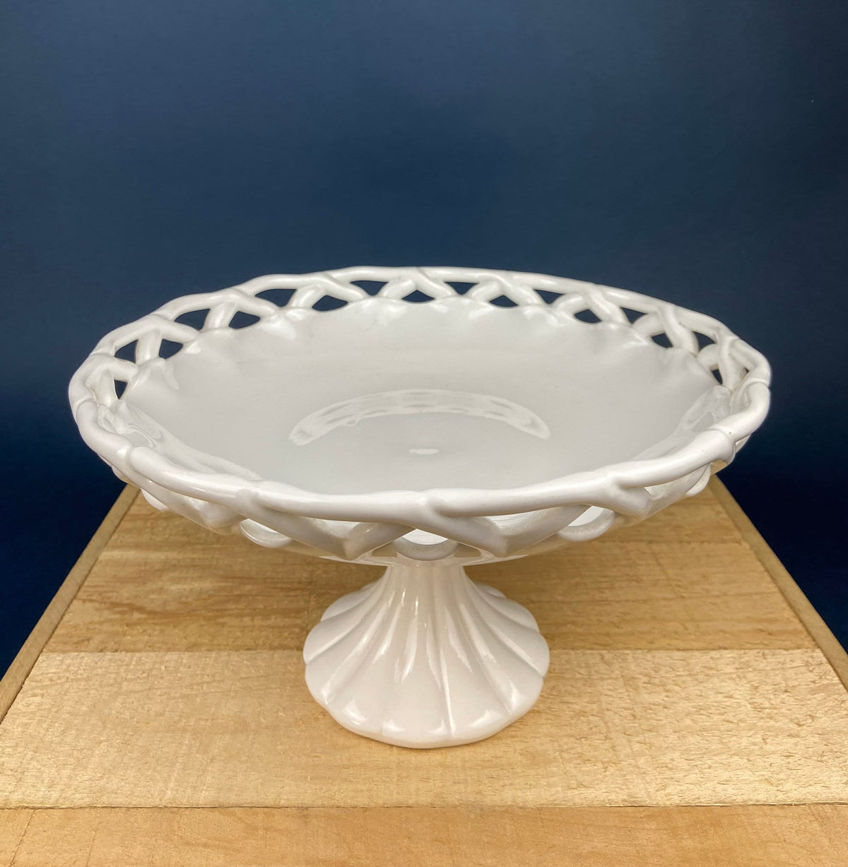 Westmoreland Milk Glass Pedestal Fruit Bowl. Doric Pattern with Lace Edge. 10" in Diameter.  Table Centerpiece.