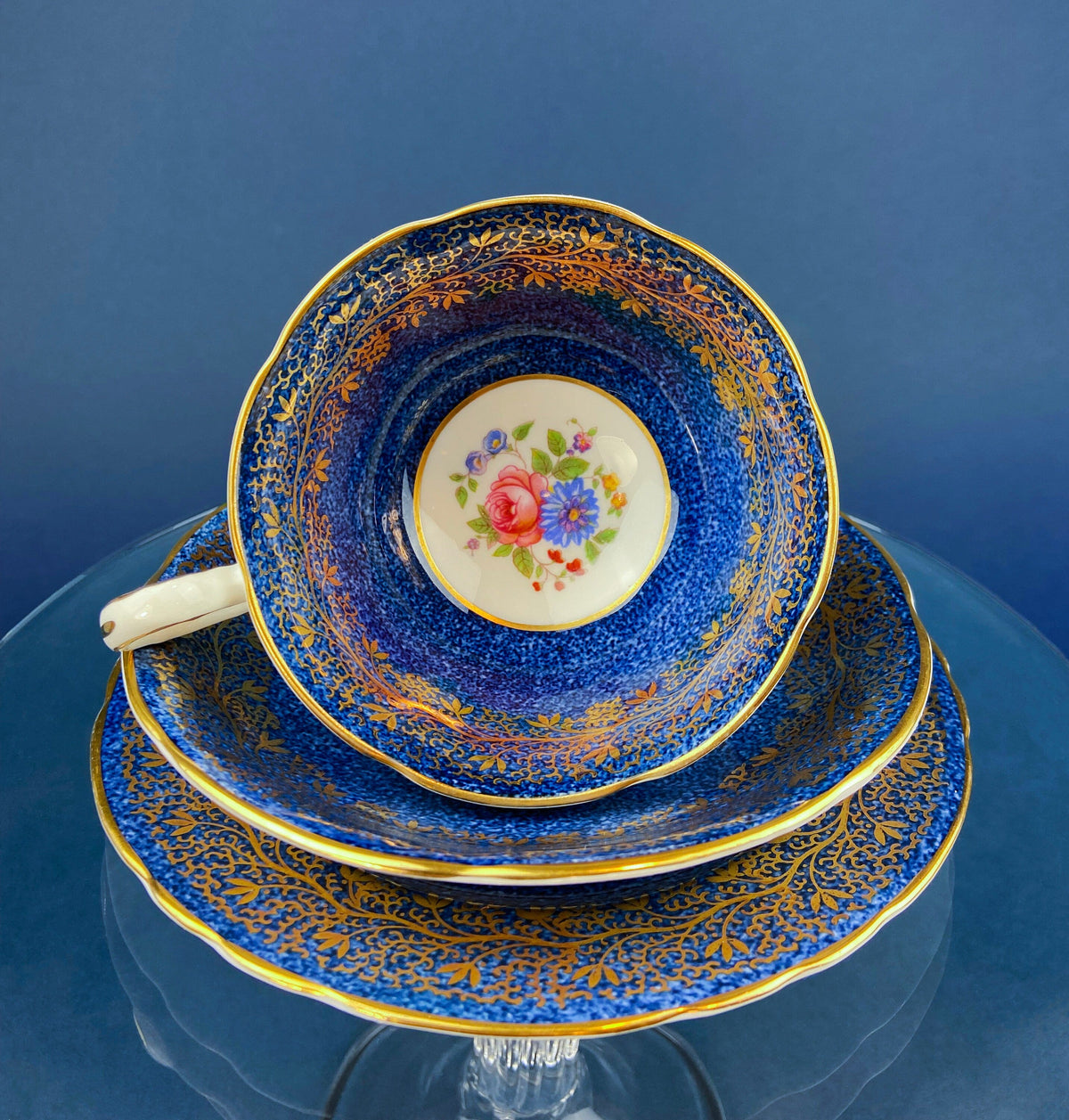 Vintage Aynsley Creamer and Sugar Bowl.  Blue and Gold, with Hand Painted Bouquet of Flowers. Fine Bone China.