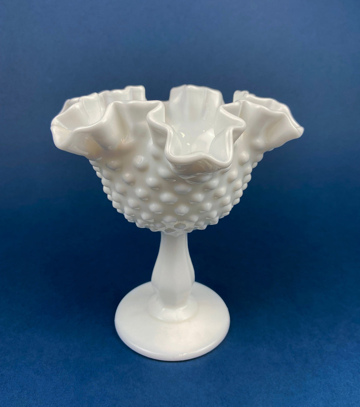 Fenton Milk Glass Compote, Hobnail Scalloped Ruffle Bowl