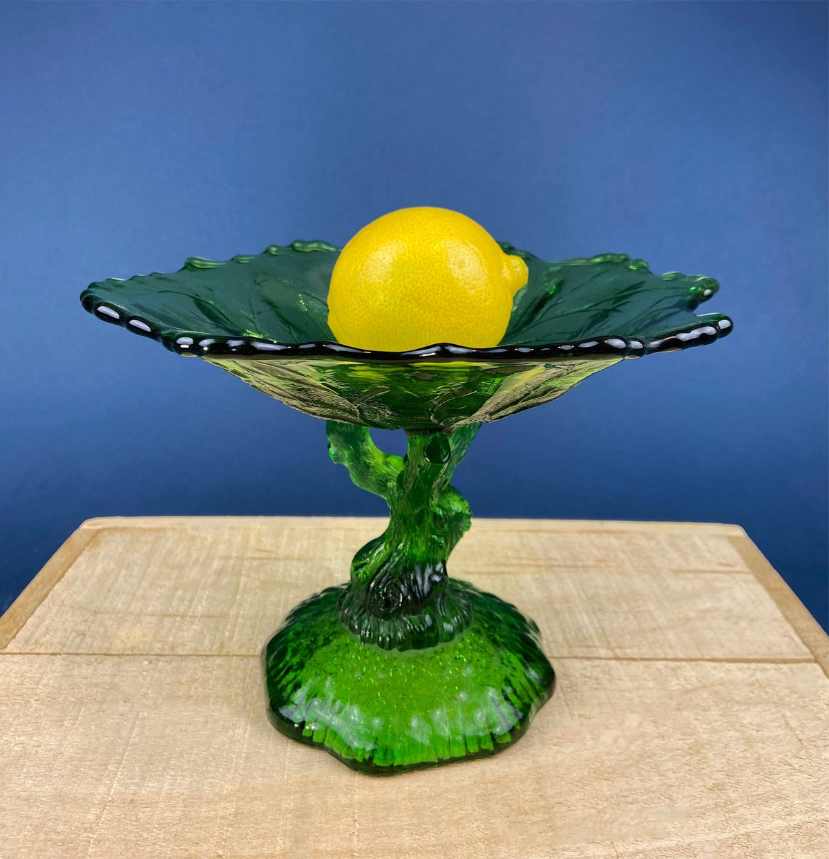 Green Glass Compote Shaped Like a Tree. Vintage Footed Serving Dish with Stem Shaped like a Tree Trunk. Fruit Stand. Table Centerpiece.