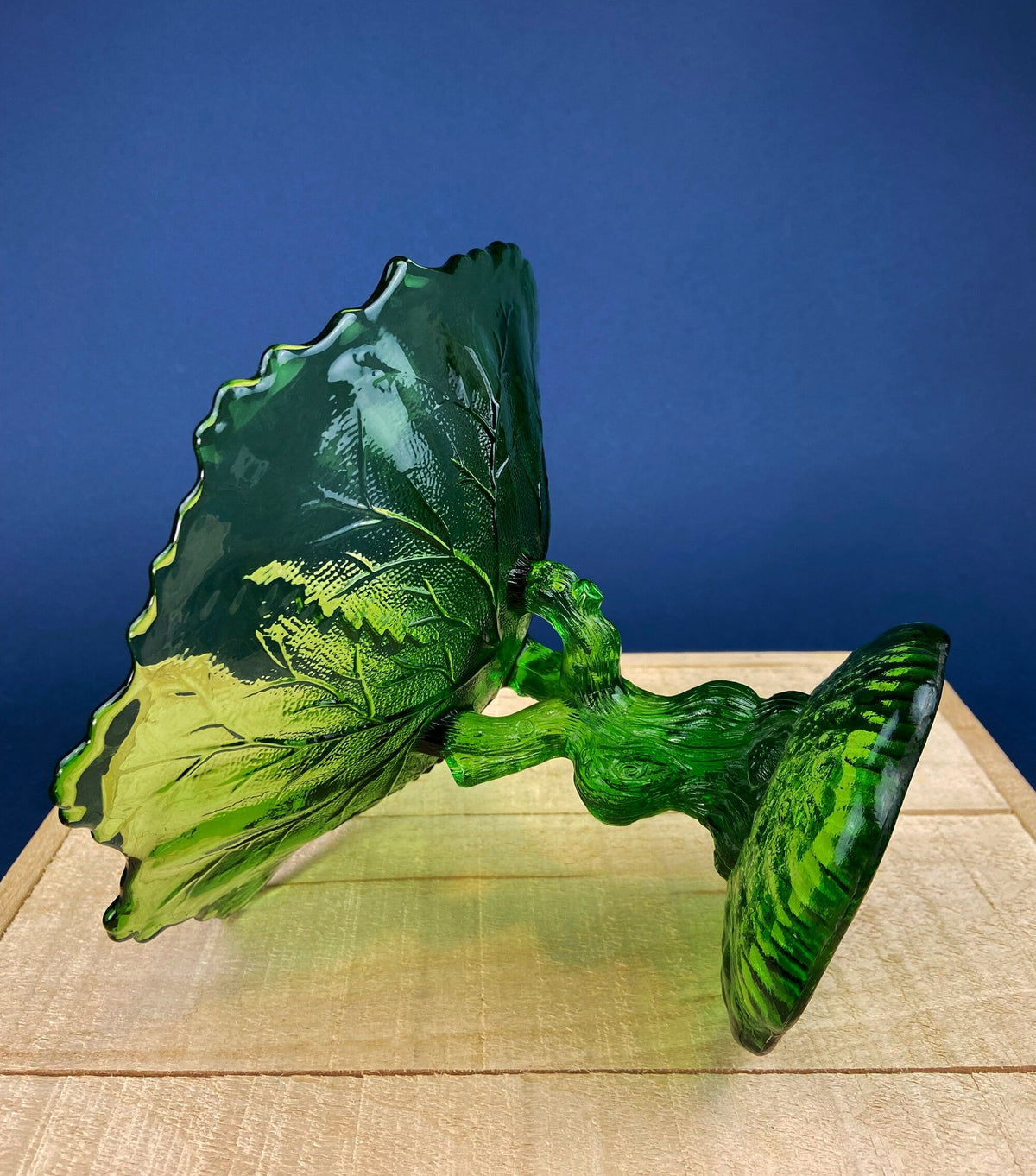 Green Glass Compote Shaped Like a Tree. Vintage Footed Serving Dish with Stem Shaped like a Tree Trunk. Fruit Stand. Table Centerpiece.