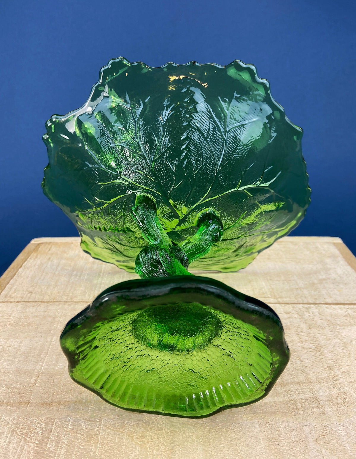 Green Glass Compote Shaped Like a Tree. Vintage Footed Serving Dish with Stem Shaped like a Tree Trunk. Fruit Stand. Table Centerpiece.