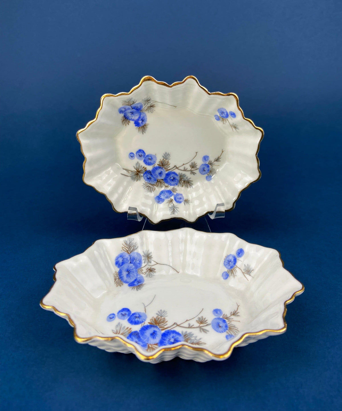 Antique Porcelain Berry Bowls in Blueberry Motif. Set of Two Small Serving Plates by Embassy Ware, Fondeville, England. Scalloped Rim.