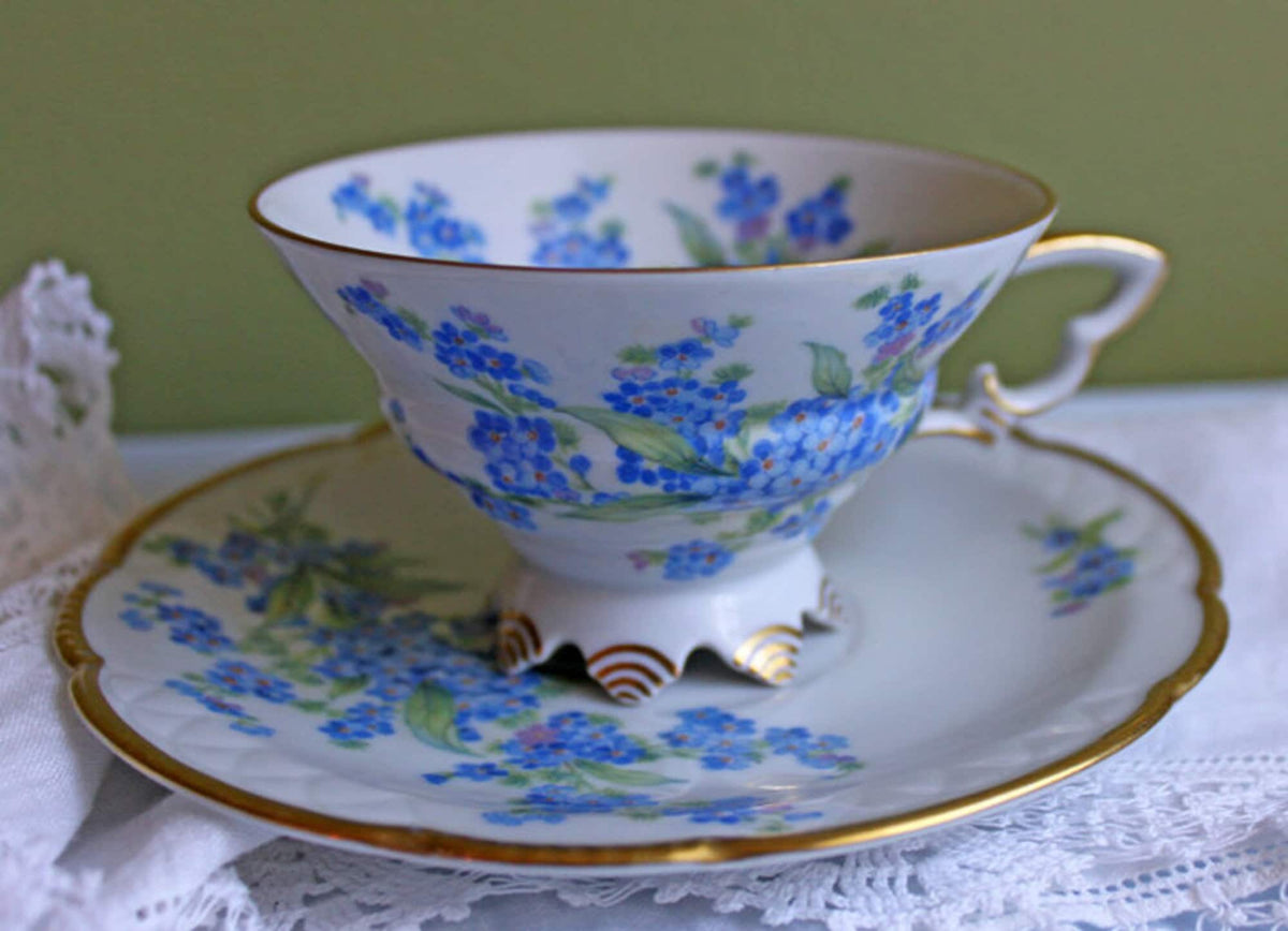 Antique Forget Me Not Porcelain Breakfast Set, Hand-Painted Floral Dishes