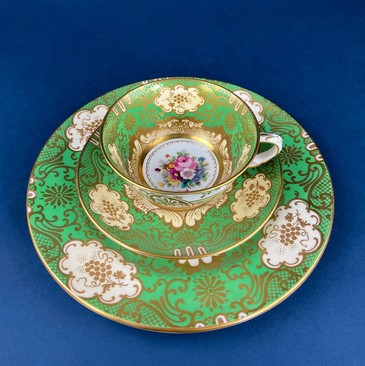 Antique Emerald Green Cup and Saucer, Occupied Japan, Floral Pattern
