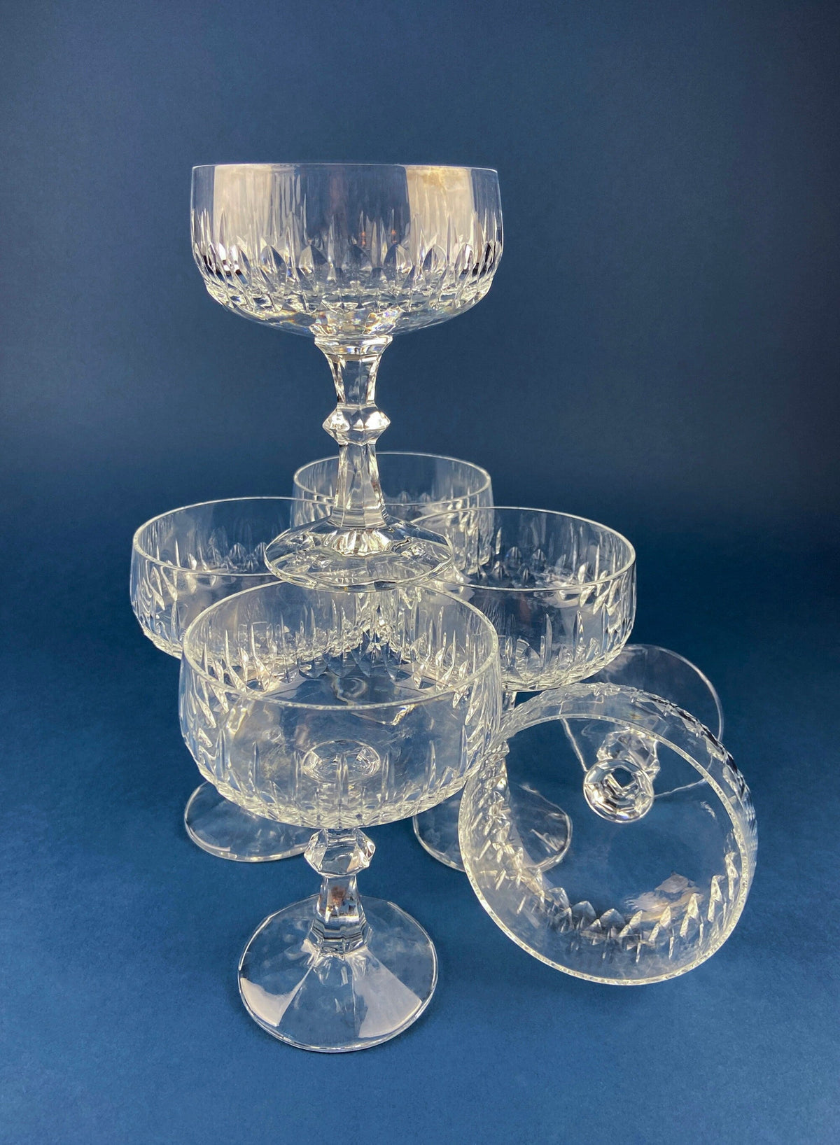 Cut Crystal Champagne Glasses. Geometrical Motif. Set of 7 Stemware. Incredible Shimmer & Ping. Wedding Gift. Housewarming Celebration.