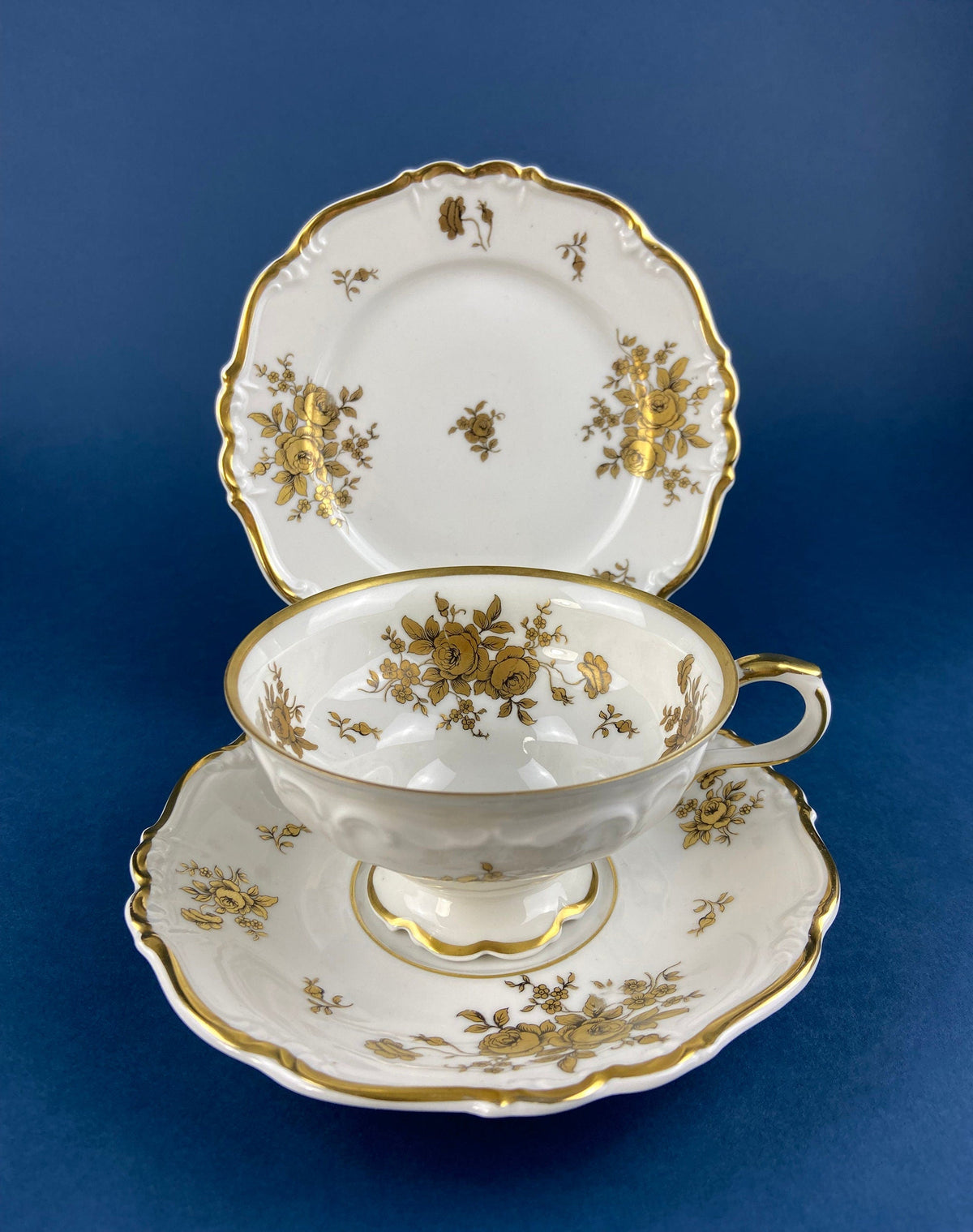 Stunning Antique White and Gold Tea Set Trio. Weimar Porcelain, Katharina Pattern. Hand Painted Floral Gold Trim. Dining Room Decor.