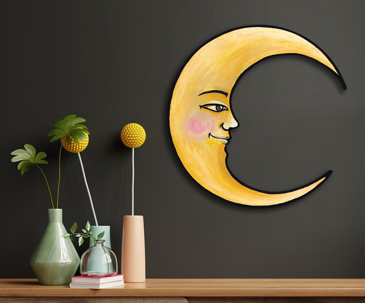 Moon Wall Art Ready to Hang 20" Celestial Crescent Yellow Moon Wall Decor
