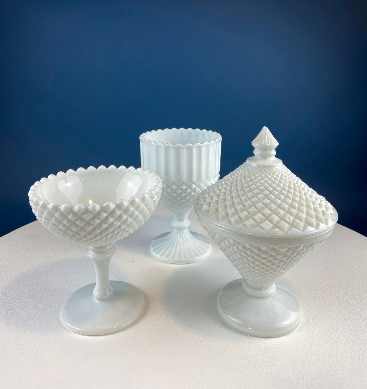 Milk Glass Bowl with Lid. Diamond Pattern, Cone Shaped Bowl with Cover. Trinket Compote for Dresser Top, Bathroom Accesories, Candy Dish.