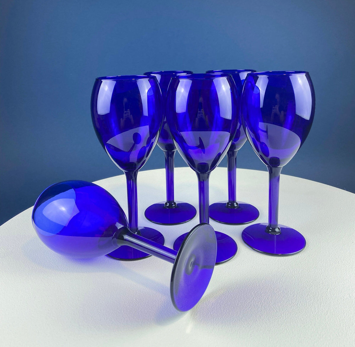 Cobalt Blue Wine Glasses.  Set of Six Stemware. Dark Blue Modern Glasses. Holiday Celebration.