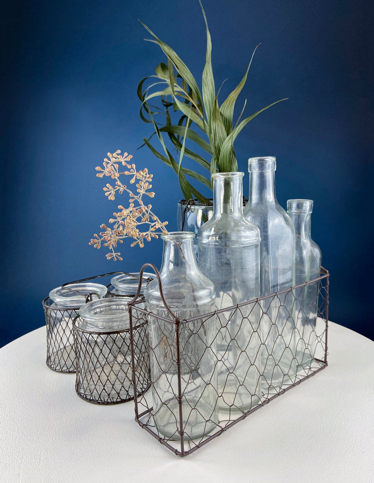 Collection of Rustic, Clear Glass Jars & Bottles with Metal Wire Baskets. Three Sets of Flower Vases or Candle Holders. Modern Farmhouse.