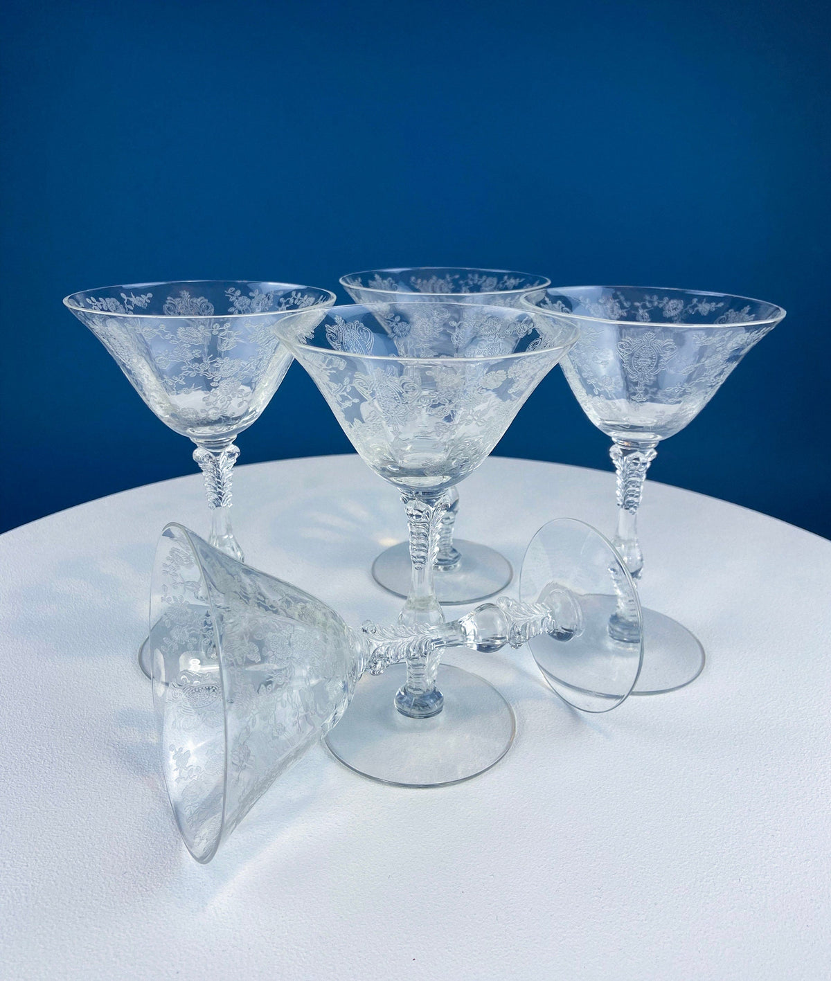 Vintage Cambridge Rose Point Champagne Glasses. Set of Five Tall Sherbets. Floral Etching Stemware. Fine Dining. Wedding Gift Idea.